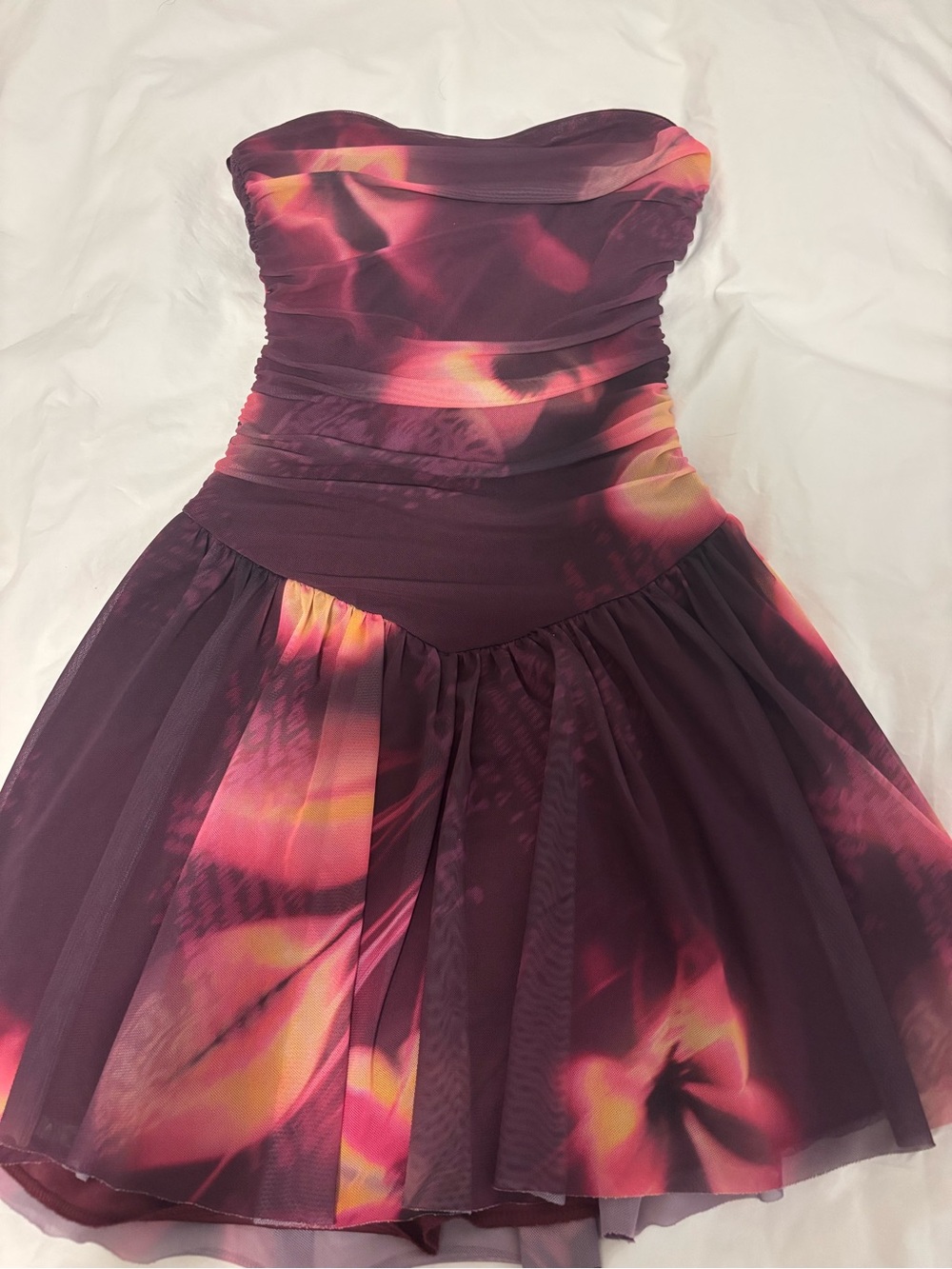 Urban Outfitters Strapless Plum Dress with Pink & Yellow Floral Print